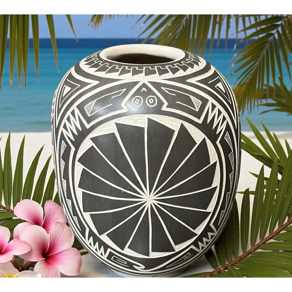 Mata Ortiz Pottery Humberto‎ Pina Sgraffito Mexican White Clay Turtle Black Art